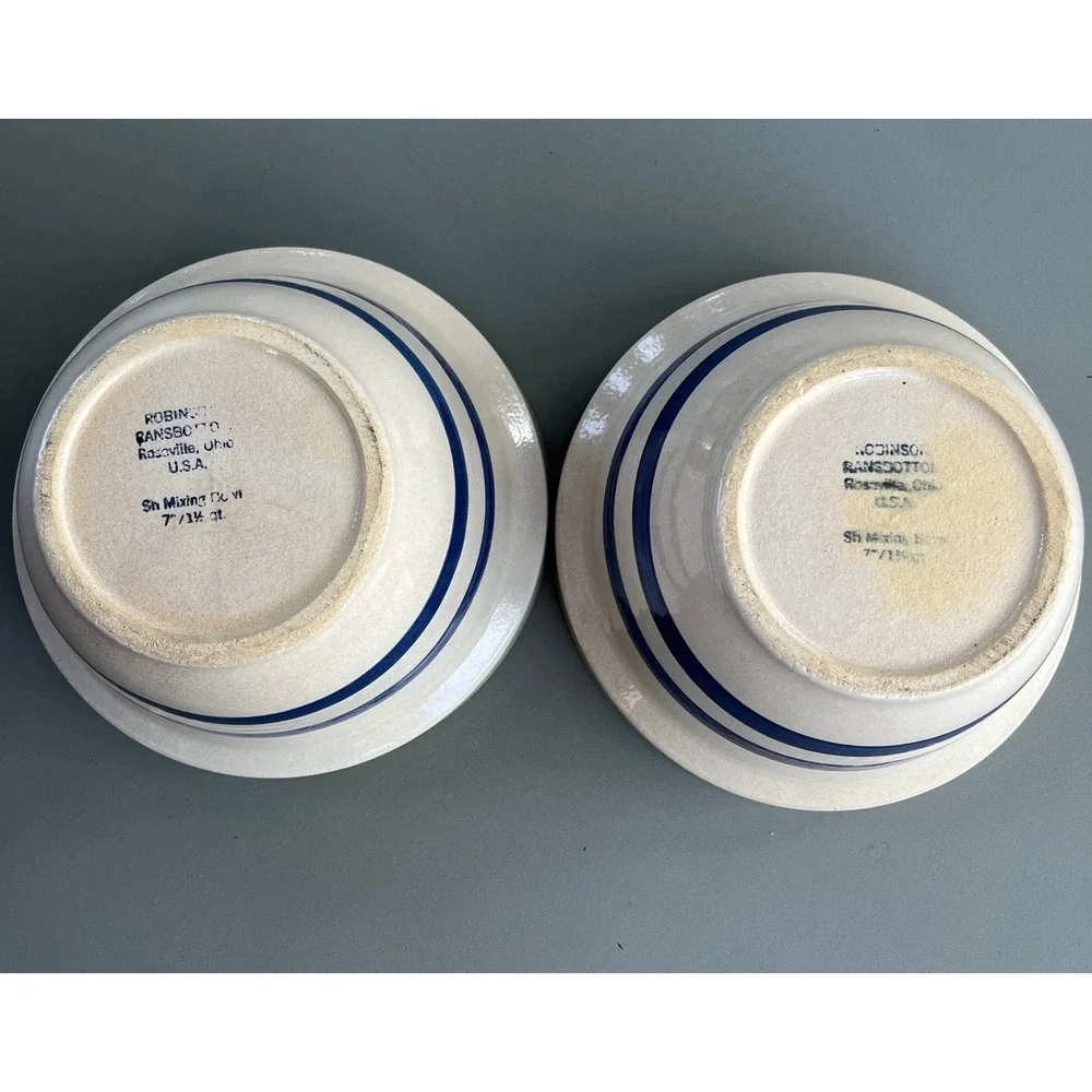 Robinson Ransbottom Blue Stripe Stoneware Mixing Bowls Set 2 Roseville OH 1.5qt